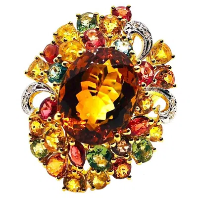 Pre-owned Bochic “orient” Vintage Natural Citrine, Diamond & Sapphire Ring Set In 18k Gold In Blue