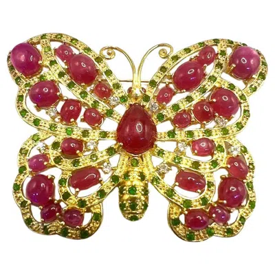 Pre-owned Bochic “orient” Vintage Natural Multi Ruby & Emerald Butterfly Brooch 18k Gold & In Green