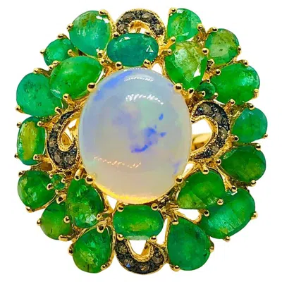 Pre-owned Bochic “orient” Vintage Natural Opal & Emerald Ring Set In 18k & Silver In Green