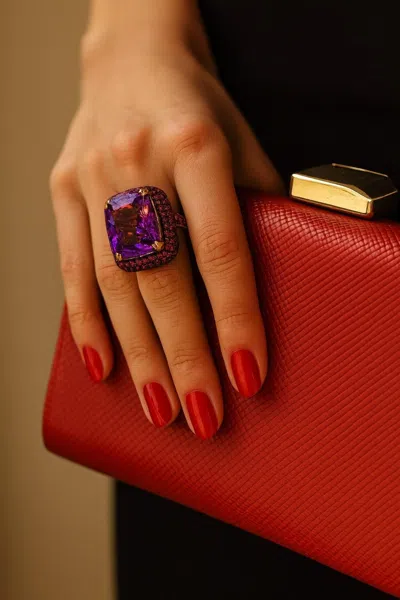 Pre-owned Bochic “orient” Vintage Natural Ruby & Amethyst Ring Set In 18 K Gold & Silver In Purple