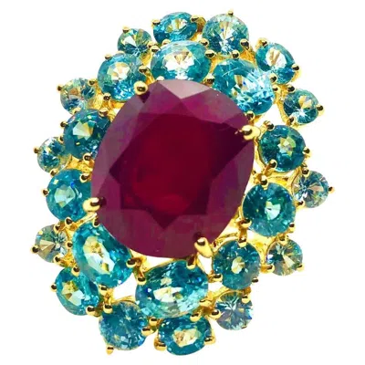Pre-owned Bochic “orient” Vintage Natural Ruby & Blue Topaz Ring Set In 18k Gold & Silver