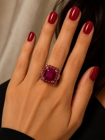 Pre-owned Bochic “orient” Vintage Natural Ruby Cocktail Ring Set In 18k Gold & Silver In Multi
