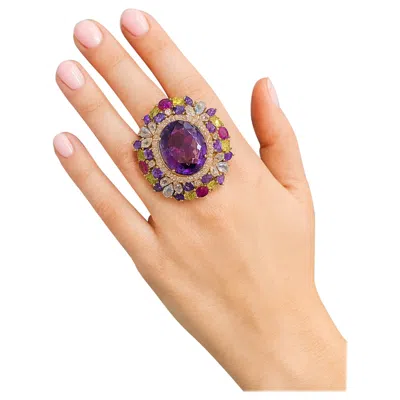 Pre-owned Bochic “orient” Vintage Natural Ruby, Peridot & Amethyst Ring Set In 18k Gold & In Purple
