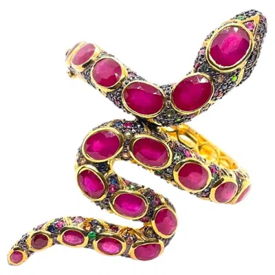 Pre-owned Bochic “orient” Vintage Natural Ruby, Sapphire & Emerald 18k Gold & Silver In Green