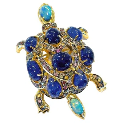 Pre-owned Bochic “orient” Vintage Opal & Blue Sapphire Turtle Brooch 18k Gold & Silver