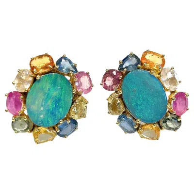 Pre-owned Bochic “orient” Vintage Opal & Multi Fancy Sapphire Earrings 18k Gold&silver In Blue