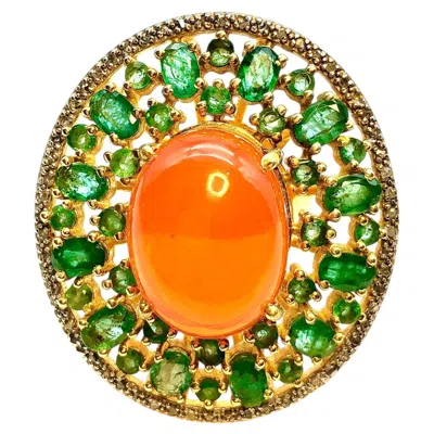 Pre-owned Bochic “orient” Vintage Orange Opal, Emerald & Diamond Ring Set In 18k & Silver