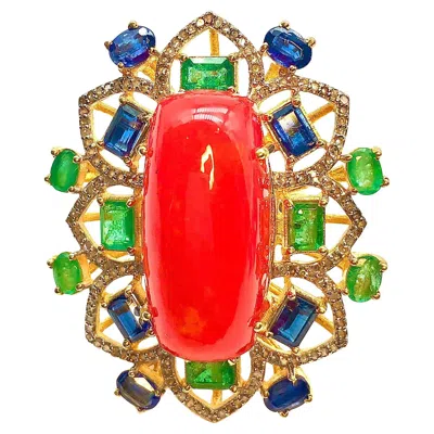 Pre-owned Bochic “orient” Vintage Orange Opal, Emerald, Kyanite & Diamond Ring Set In 18k