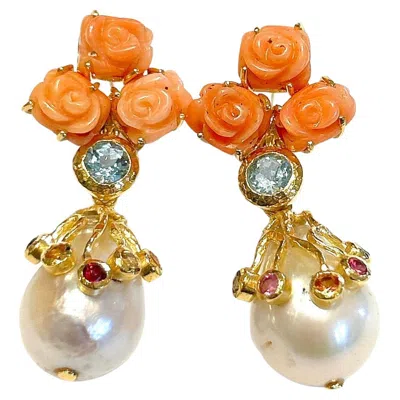 Pre-owned Bochic “orient” Vintage Pearl, Coral & Fancy Sapphire Earrings - 18kgold&silver In Red
