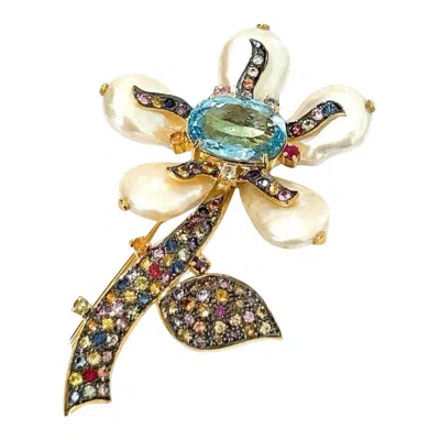 Pre-owned Bochic “orient” Vintage Pearl, Multi Sapphire & Topaz Brooch 18k Gold & Silver In Blue