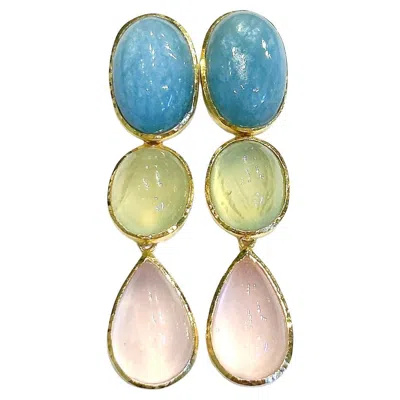 Pre-owned Bochic “orient” Vintage Pink Quartz, Turquoise & Peridot Earrings 18k Gold & Sil