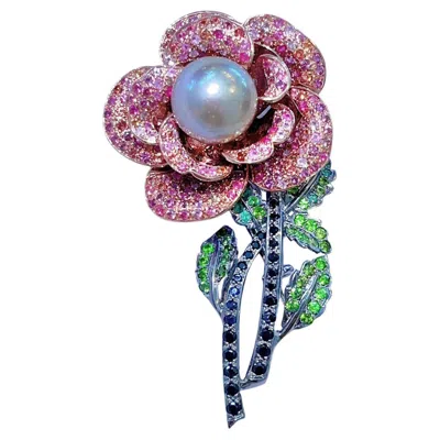 Pre-owned Bochic “orient” Vintage Pink Sapphire & Pearl Brooch Set 18k Gold & Silver