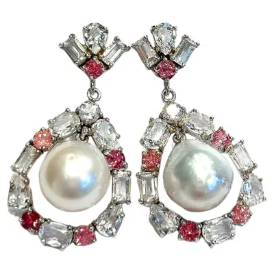 Pre-owned Bochic “orient” Vintage Pink Sapphire & White Pearls Earrings 18k Gold & Silver
