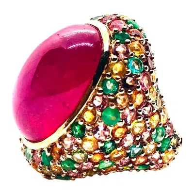 Pre-owned Bochic “orient” Vintage Retro Emerald, Ruby & Sapphire Ring Set In 18k Gold & Si In Blue
