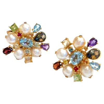 Pre-owned Bochic “orient” Vintage Retro Multi Gem Burst Earrings Set 18k Gold & Silver
