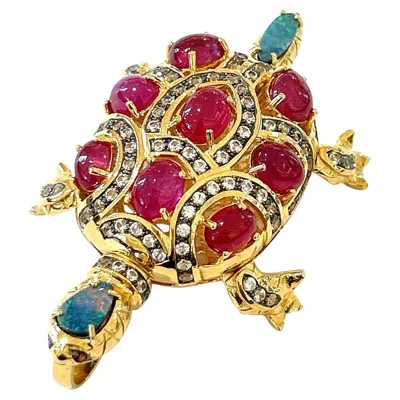 Pre-owned Bochic “orient” Vintage Retro Multi Ruby, Diamond & Opal Brooch Set 18k Gold