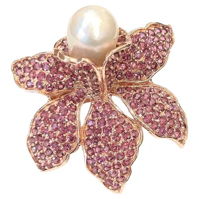 Pre-owned Bochic “orient” Vintage Rodorite & Pearl Cocktail Ring Set In 18k Gold & Silver In Multi