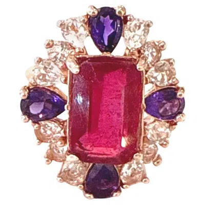 Pre-owned Bochic “orient” Vintage Ruby & Amethyst Cocktail Ring Set 18k Gold & Silver In Purple