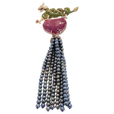 Pre-owned Bochic “orient” Vintage Ruby & Black Pearl Brooch Set 18k Gold & Silver Circa 80