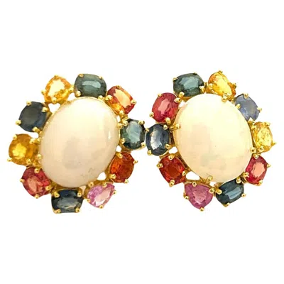 Pre-owned Bochic “orient” Vintage Ruby & Blue White Opal Earrings Set 18k Gold & Silver