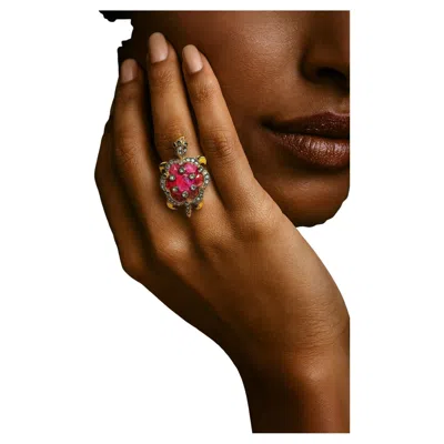 Pre-owned Bochic “orient” Vintage Ruby & Diamond Turtle Cocktail Ring Set 18k & Silver In Multi