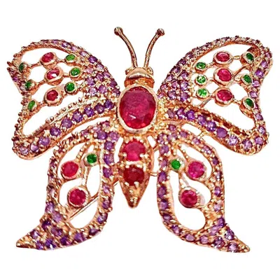 Pre-owned Bochic “orient” Vintage Ruby & Emerald Brooch – 18k Gold Over Silver In Green