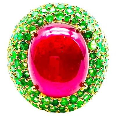 Pre-owned Bochic “orient” Vintage Ruby & Emerald Cocktail Ring Set In 18k Gold & Silver In Green