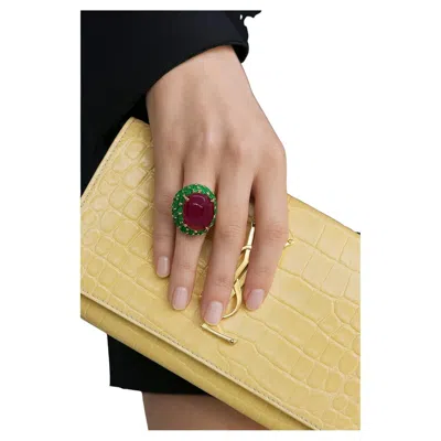 Pre-owned Bochic “orient” Vintage Ruby & Emerald Cocktail Ring Set In 18k Gold & Silver In Green