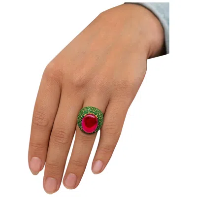 Pre-owned Bochic “orient” Vintage Ruby & Emerald Cocktail Ring Set In 18k Gold & Silver In Green