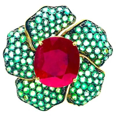 Pre-owned Bochic “orient” Vintage Ruby & Emerald Flower Ring Set In 18k Gold & Silver In Green