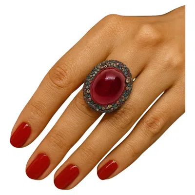 Pre-owned Bochic “orient” Vintage Ruby & Fancy Multi Fancy Sapphire Ring 18k Gold & Silve In Blue