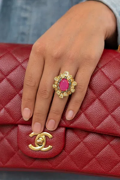 Pre-owned Bochic “orient” Vintage Ruby & Fancy Multi Gem Cocktail Ring 18k Gold & Silver