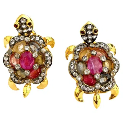 Pre-owned Bochic “orient” Vintage Ruby & Fancy Sapphire Turtle Earrings 18k Gold & Silver In Blue