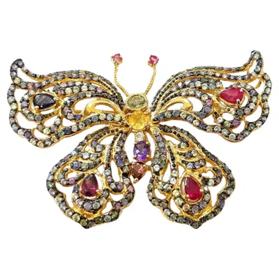 Pre-owned Bochic “orient” Vintage Ruby & Multi Color Sapphire Brooch Set 18k Gold & Silver In Blue