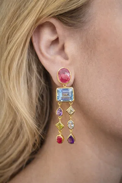 Pre-owned Bochic “orient” Vintage Ruby & Multi Gem Cascading Earrings Set 18k Gold&silver