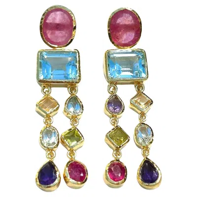 Pre-owned Bochic “orient” Vintage Ruby & Multi Gem Cascading Earrings Set 18k Gold&silver