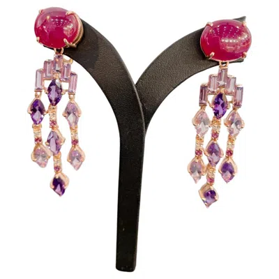 Pre-owned Bochic “orient” Vintage Ruby & Multi Gem Cascading Earrings Set 18k Gold&silver
