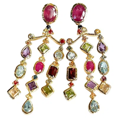 Pre-owned Bochic “orient” Vintage Ruby & Multi Gem Chandelier Earrings Set 18k Gold&silver
