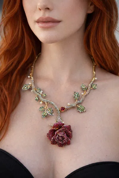 Pre-owned Bochic “orient” Vintage Ruby & Multi Gem Flower Necklace Set In 18k Gold & Silve