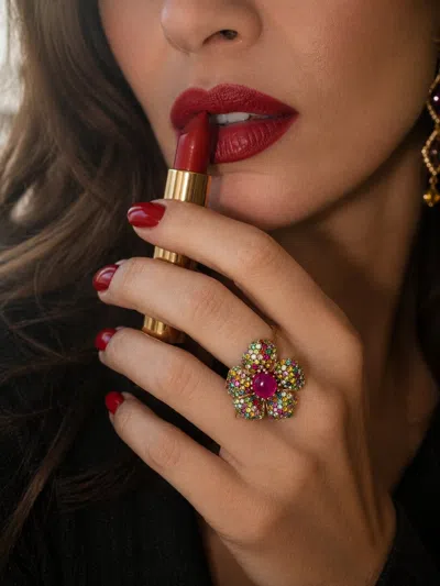 Pre-owned Bochic “orient” Vintage Ruby & Multi Sapphire Cocktail Ring - 18k Gold&silver In Blue