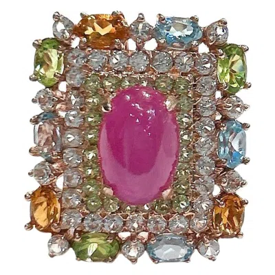 Pre-owned Bochic “orient” Vintage Ruby & Multi Sapphire Cocktail Ring Set In 18k Gold & Si In Blue