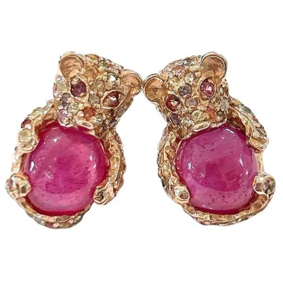 Pre-owned Bochic “orient” Vintage Ruby & Multi Sapphire Earrings Set In 18k Gold & Silver In Blue