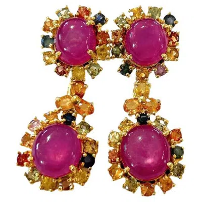 Pre-owned Bochic “orient” Vintage Ruby & Multi Sapphire Earrings Set In 18k Gold & Silver In Blue