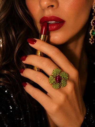 Pre-owned Bochic “orient” Vintage Ruby & Peridot Cocktail Ring Set 18k Gold &silver In Multi