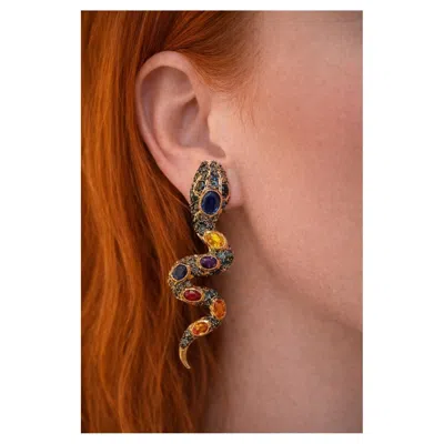 Pre-owned Bochic “orient” Vintage Ruby & Sapphire Serpent Earrings - 18k Gold & Silver In Blue