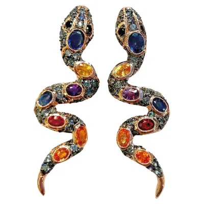 Pre-owned Bochic “orient” Vintage Ruby & Sapphire Serpent Earrings - 18k Gold & Silver In Blue