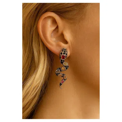 Pre-owned Bochic “orient” Vintage Ruby & Sapphire Serpent Earrings Set 18k Gold & Silver In Blue