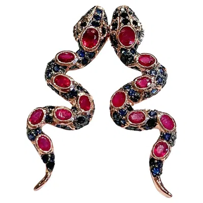 Pre-owned Bochic “orient” Vintage Ruby & Sapphire Serpent Earrings Set 18k Gold & Silver In Blue