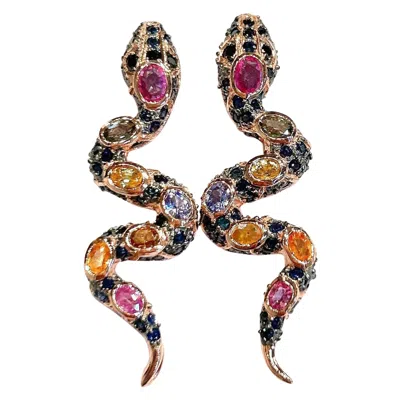 Pre-owned Bochic “orient” Vintage Ruby & Sapphire Serpent Earrings Set 18k Gold & Silver In Blue