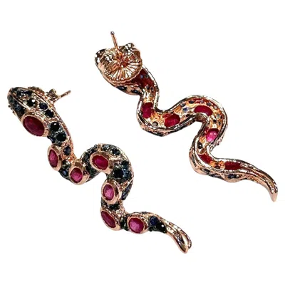 Pre-owned Bochic “orient” Vintage Ruby & Sapphire Serpent Earrings Set 18k Gold & Silver In Blue
